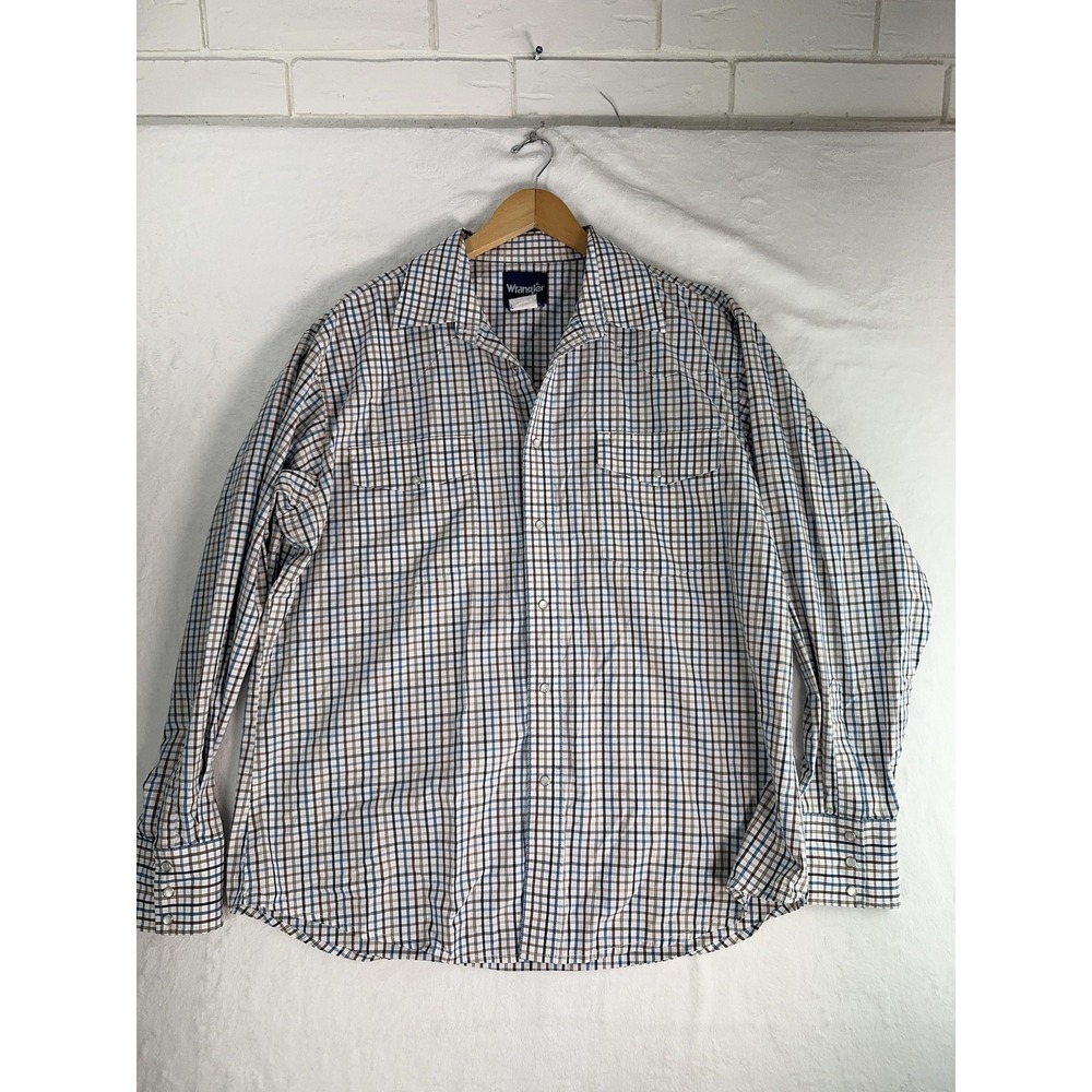 Wrangler Shirt Mens XL Blue Brown Plaid Western Snap Front Long Sleeve